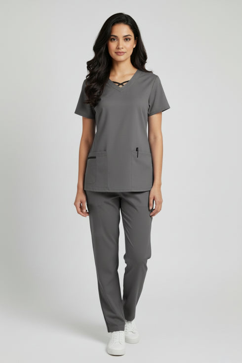Women 3-Pocket Crisscross Contrast V-Neck Scrub